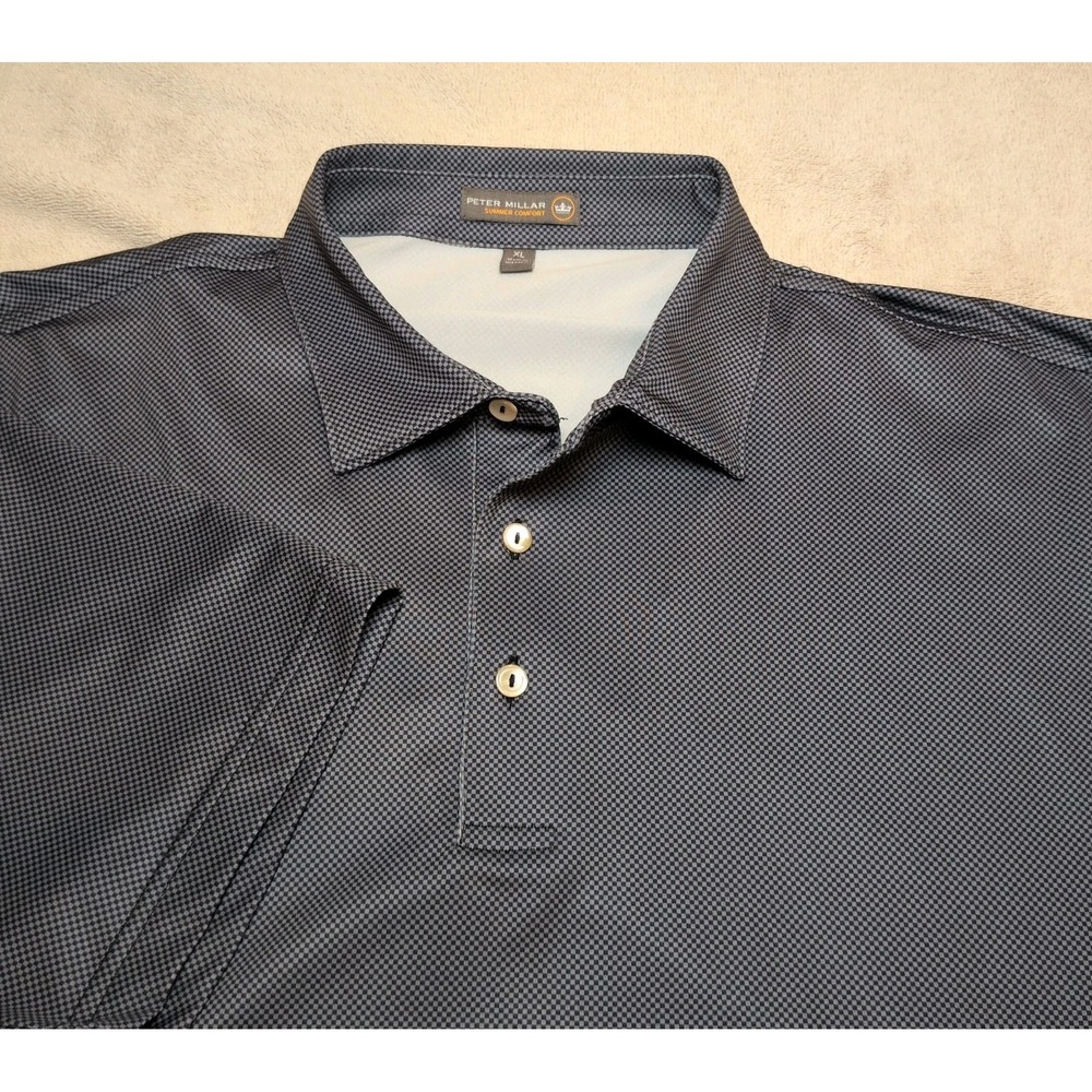 Peter Millar Men's Summer Comfort Black Gingham Print Polo Shirt XL Stretch Golf
